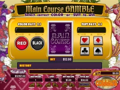 Gamble feature is available after each winning spin. Select color or suit to play.