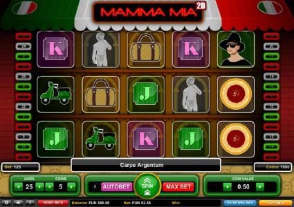 Main game board featuring five reels and 25 paylines with a $1,875 max payout