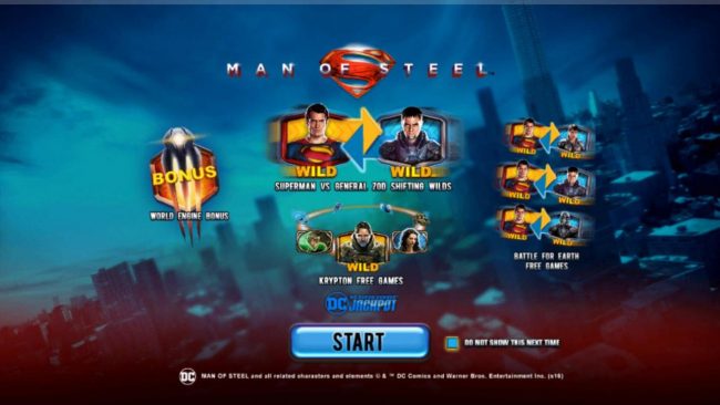 Game features include: Progressive Jackpots, World Engine Bonus, Supermand VS General Zod Shifting Wilds, Krypton Free Games and Battle for Earth Free Games
