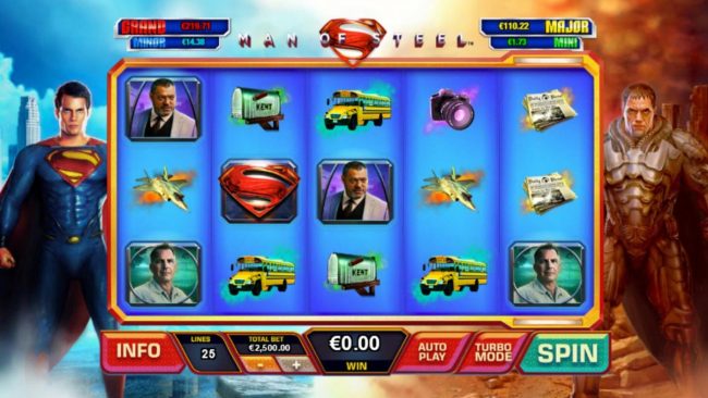 A superhero themed main game board featuring five reels and 25 paylines with a progressive jackpots max payout