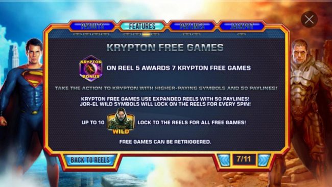 Krypton Free Games Rules - Landing Krypton Bonus symbol on reel 5 awards 7 Krypton Free Games.