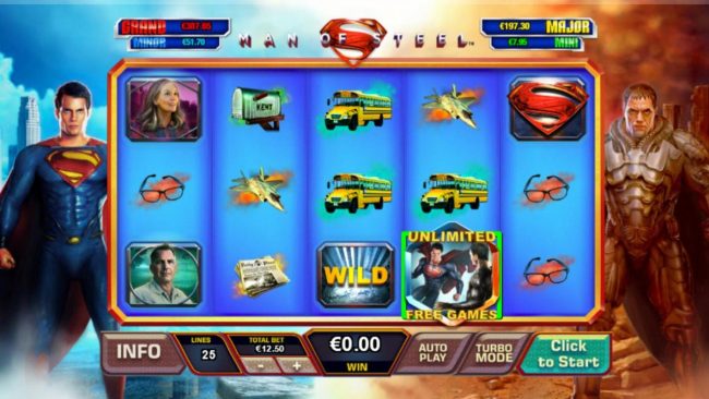 The colliding of the Superman wild and General Zod wild symbols triggers the Battle for Earth unlimited free games feature.