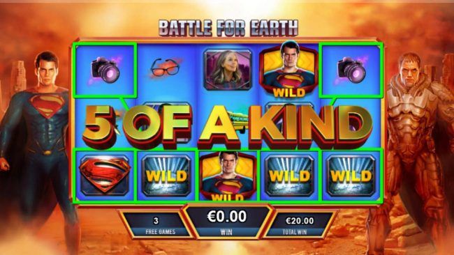 With Superman winning the battle a Five of a Kind is triggered resulting in a big win during the Battle for Earth bonus feature.
