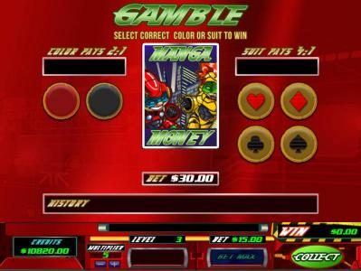 Gamble feature is available after each winning spin. Select color or suit to play.