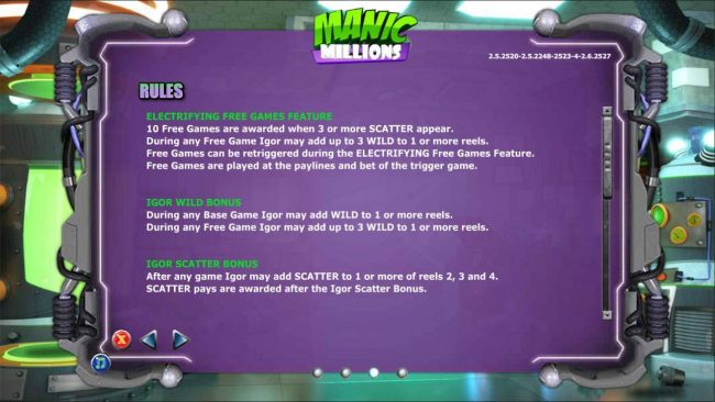 Electrifying Free Games Feature, Igor Wild Feature and Igor Scatter Bonus Rules.