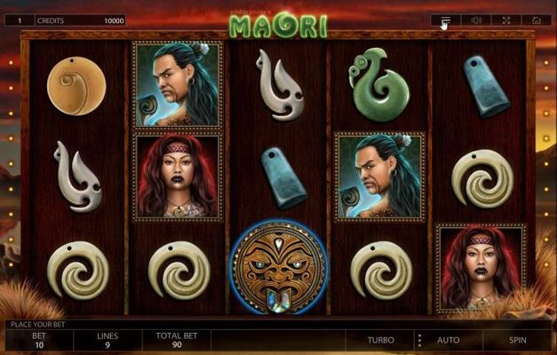 A New Zealand tribal themed main game board featuring five reels and 9 paylines with a $900,000 max payout