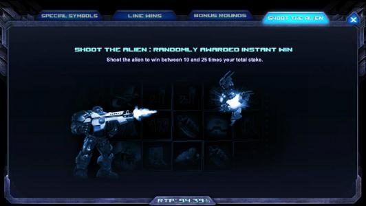 shoot the alien: randomly awarded instant win