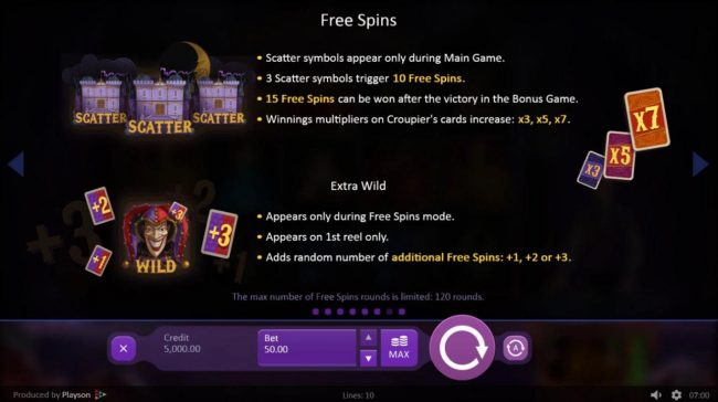 Free Spins Rules - Scatter symbol appear only during the main game. 3 scatter symbols trigger 10 free spins.