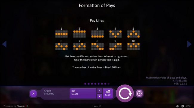 Payline Diagrams 1-10. Bet lines if in succession from leftmost to rightmost. Only highest win per pay line is paid.