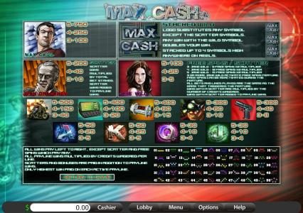 general rules, payline diagrams, wild, scatter, free spins and slot symbols paytable