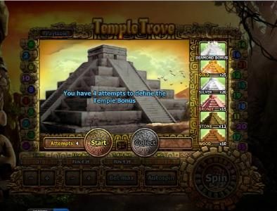 Temple Bonus Game Board - you have 4 attempts to define the Temple Bonus. Click Start.