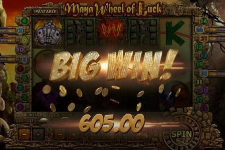 Multiple winning paylines triggers a 605.00 big win!