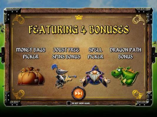 Games features 4 Bonuses: Money Bags Picker,  Joust Free Spins Bonus, Spell Picker and Dragon Path Bonus.