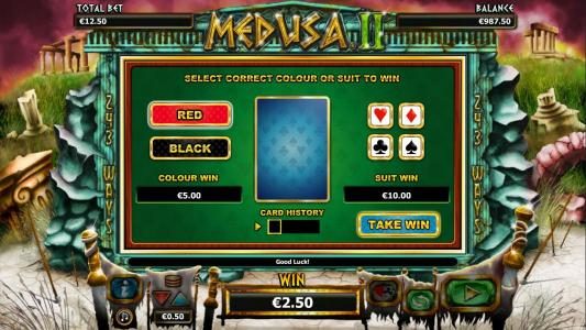 Gamble feature is available after each winning spin. Select color or suit to play.