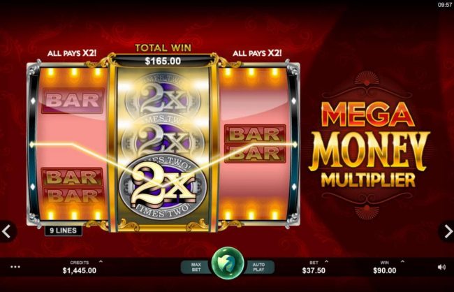 Wild multipliers triggers a 90.00 payout after re-spin.