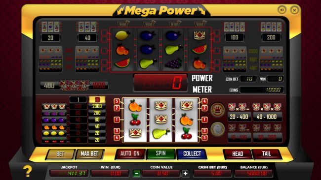 Main game board featuring three reels and 5 paylines with a $1,000 max payout.