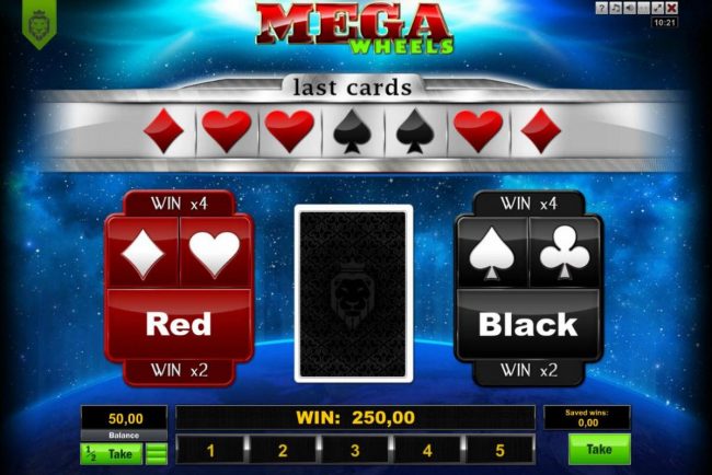 Gamble Feature - To gamble any win press Gamble then select Red or Black or Suit