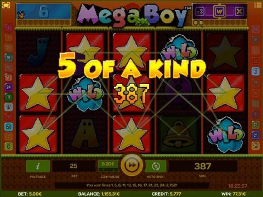 A five of a kind is triggered during the Level 2 Power-Ups feature, thus triggering a big win.