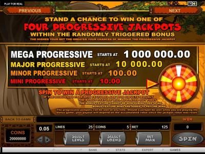 Stand a chance to win one of four progressive jackpots within the randomly triggered bonus