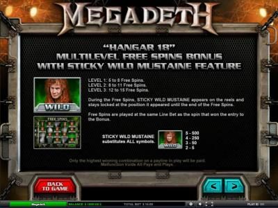 Hangar 18 - Multilevel free spins bonus with sticky wild mustaine feature