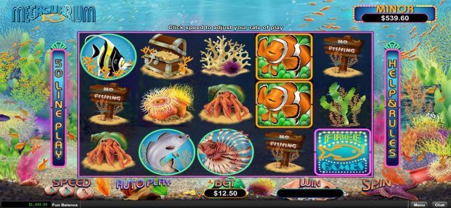 A fish themed main game board featuring five reels and 50 paylines with a progressive jackpot max payout.