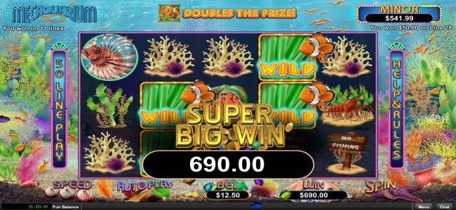 A super big win triggered by multiple winning paylines awarding a 690.00 jackpot