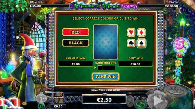 Gamble feature game board is available after every winning spin. For a chance to increase your winnings, select the correct color or suit of the next card or take win.