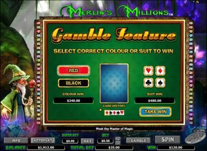 gamble feature game board - select colour or suit to win