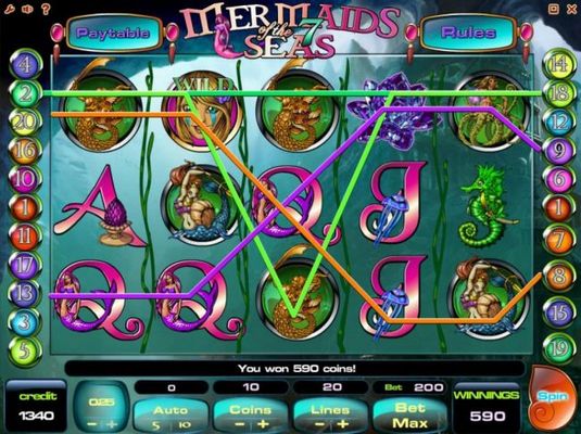 A 590 coin jackpot triggered by multiple winning combinations.