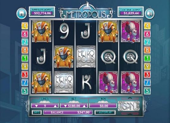 A robot themed main game board featuring five reels and 9 paylines with a progressive jackpot max payout