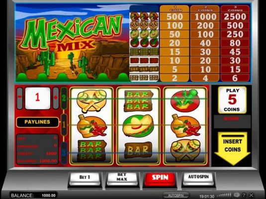 A Mexican themed main game board featuring three reels and 3 paylines with a $12,500 max payout.