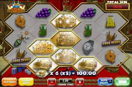 notice the icons have been changed into gold by king midas. this spin payout 100 coins for a big win