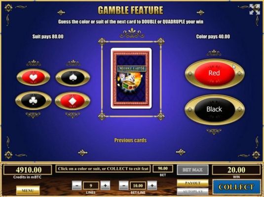 Gamble Feature - To gamble any win press Gamble then select color or a suit.