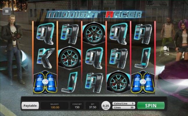 Street racer themed main game board featuring five reels and 30 paylines with a $156,000 max payout