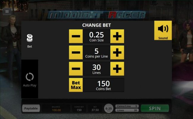 Change Bet Option Screen - Coin Size, Coins per line and Lines