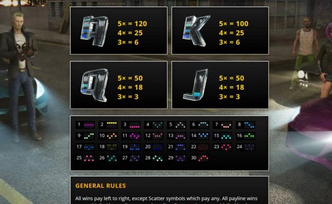 Low value game symbols paytable and payline diagrams 1 to 30.