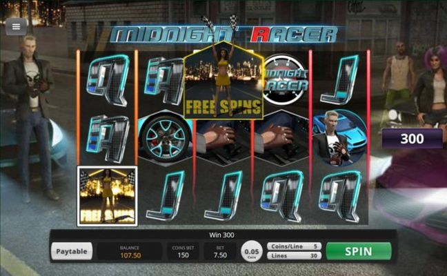 A pair of Free Spins scatter symbols triggers a 300 coin payout.