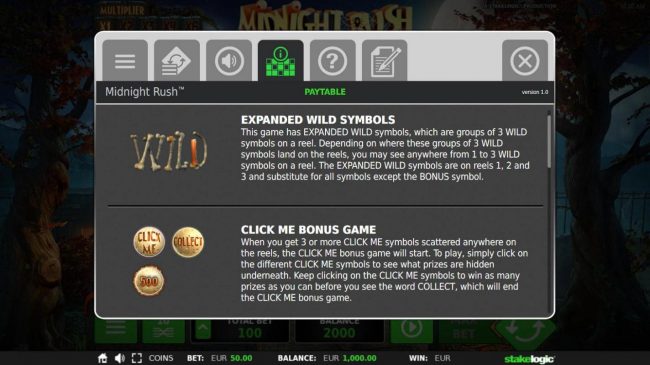 Expanded Wild Symbols Rules and Click Me Bonus Rules