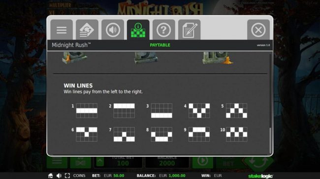 Payline Diagrams 1-10. Win lines pay from left to the right.