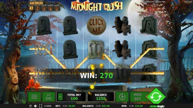 A pair of win lines triggers a 270 coin jackpot.