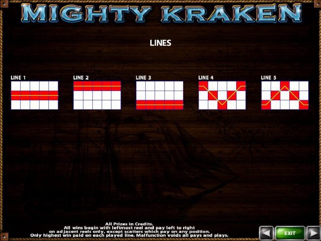 Payline Diagrams 1-5. All wins begin with the leftmost reel and pay left to right on adjacent reels only, except scatters which pay on any position.