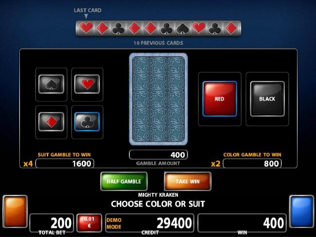 Double Up gamble feature is available after every winning spin. Select the correct color or suit for a chance to double your winnings.