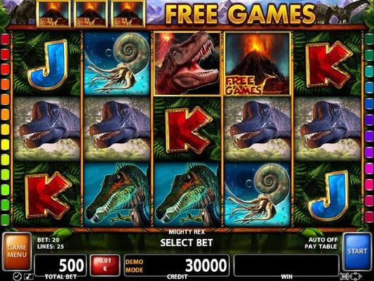 A dinosaur themed main game board featuring five reels and 25 paylines with a $300,000 max payout
