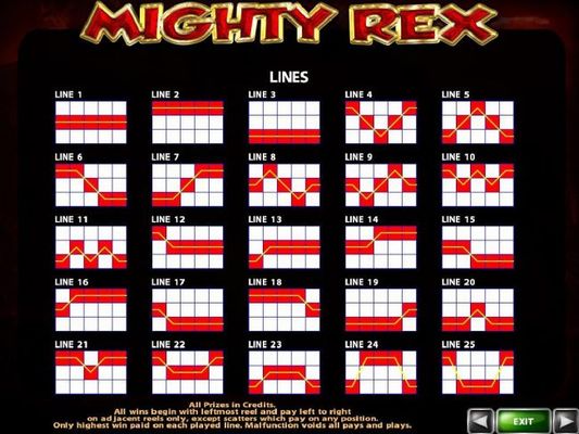 Payline Diagrams 1-25. All wins begin with the leftmost reel and pay left to right on adjacent reels only, except scatters which pay on any position.