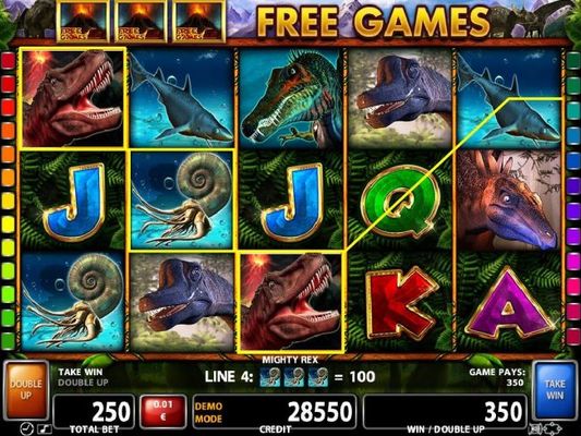 A pair of T-rex wild symbols triggers multiple winning paylines.