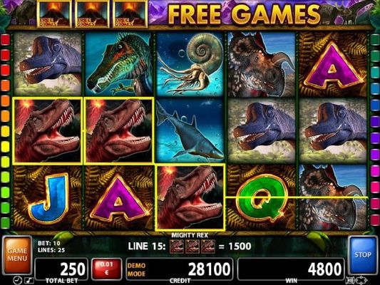 T-rex wild symbols trigger multiple winning combinations leading to a 4800 coin jackpot.