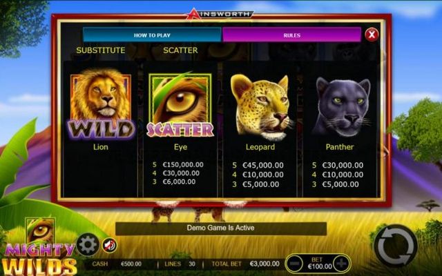 High value slot game symbols paytable - Base Game.