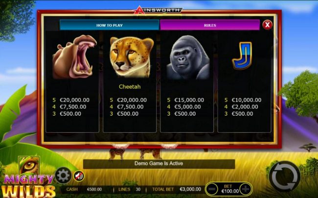 Medium Value Slot Game Symbols Paytable - Base Game.