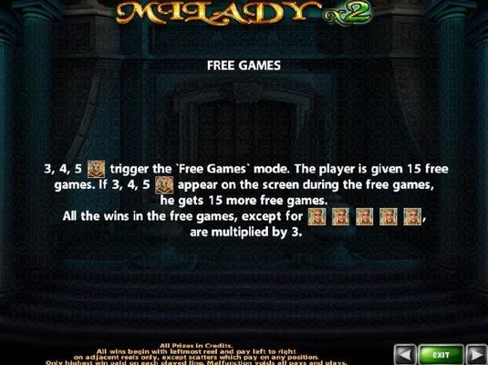 Free Games - 3, 4 or 5 Royal Crest scatter symbols trigger the Free Games mode awarding 15 free games with all wins multiplied by x3.