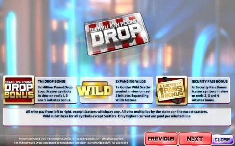 the drop bonus, expanding wild and security pass bonus game rules